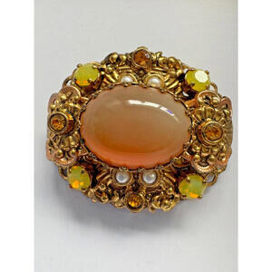 Vintage Stamped West Germany Filigree Brooch Pin Gold Tone Yellow Caramel Brown
